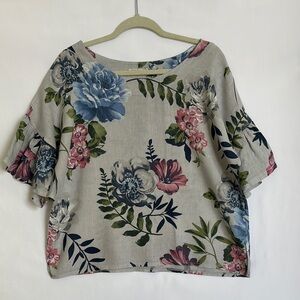 Laura Bianchi Women’s Sz M Floral Gray Print Linen Top Boxy Oversized Italy